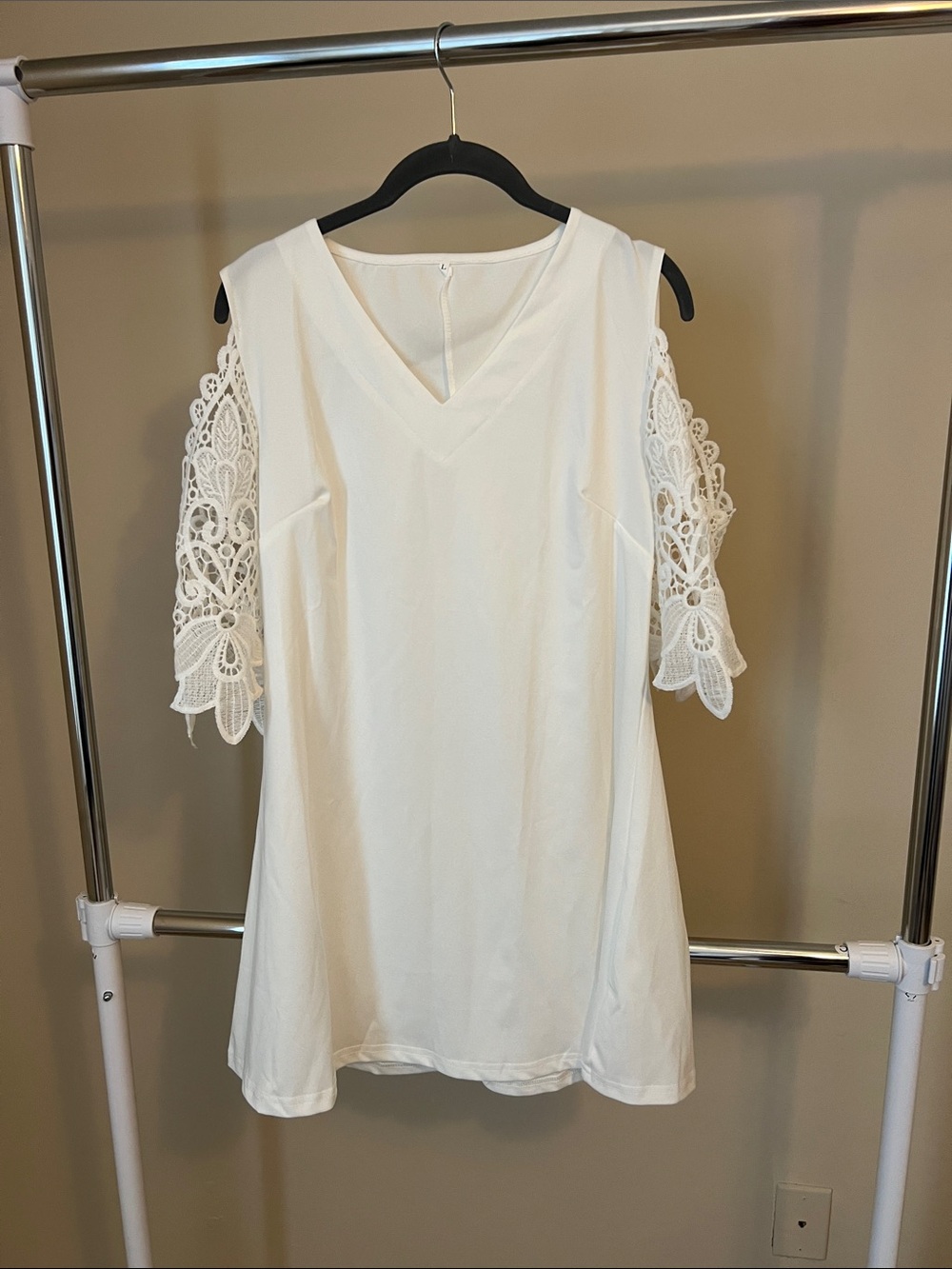 White Cold-Shoulder Dress with Lace Sleeves
